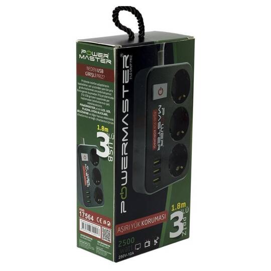 Cərəyan Qorumalı 3lü Rozetka 1.8 metr - 3lü USB Çıxışlı - Socket - 3